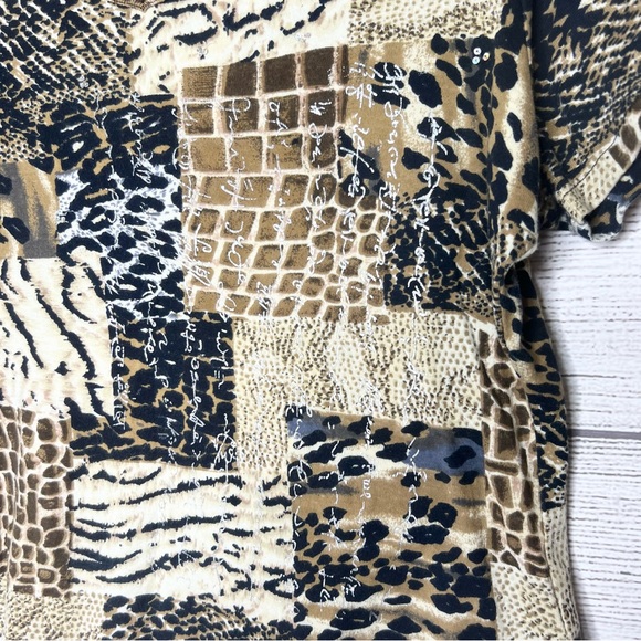 Vintage Animal Print Cheetah Leopard Patchwork Print T-Shirt Top Size XL - Picture 2 of 8